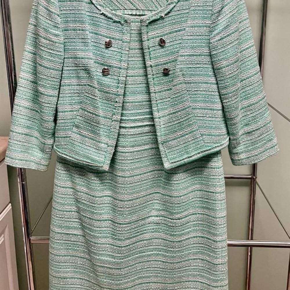 Kay Unger Bluish Green White tweed textured dress and cropped blazer size 12